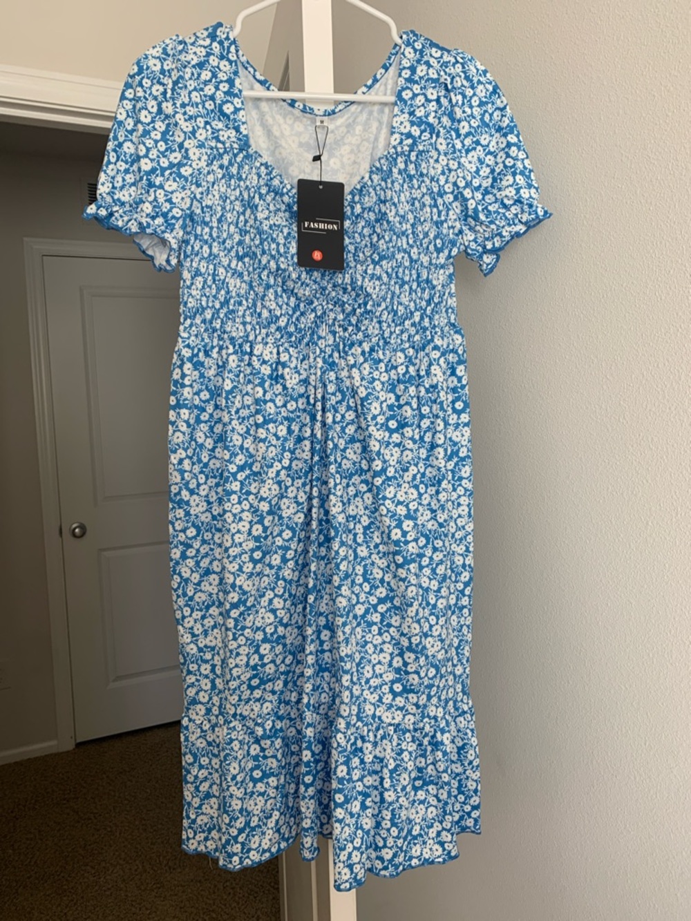 Blue Floral Smocked Maternity Midi Dress